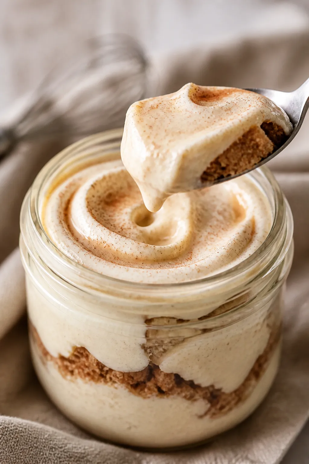 Close-up detail: A spoon lifting a silky layer of high-protein cinnamon roll cheesecake filling from