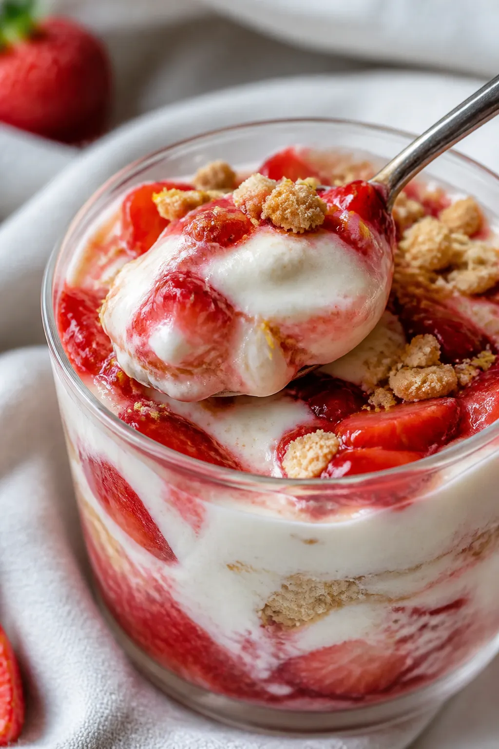 Close-up detail: A spoon scooping into a chilled Greek Yogurt Strawberry Cheesecake Pudding, showing