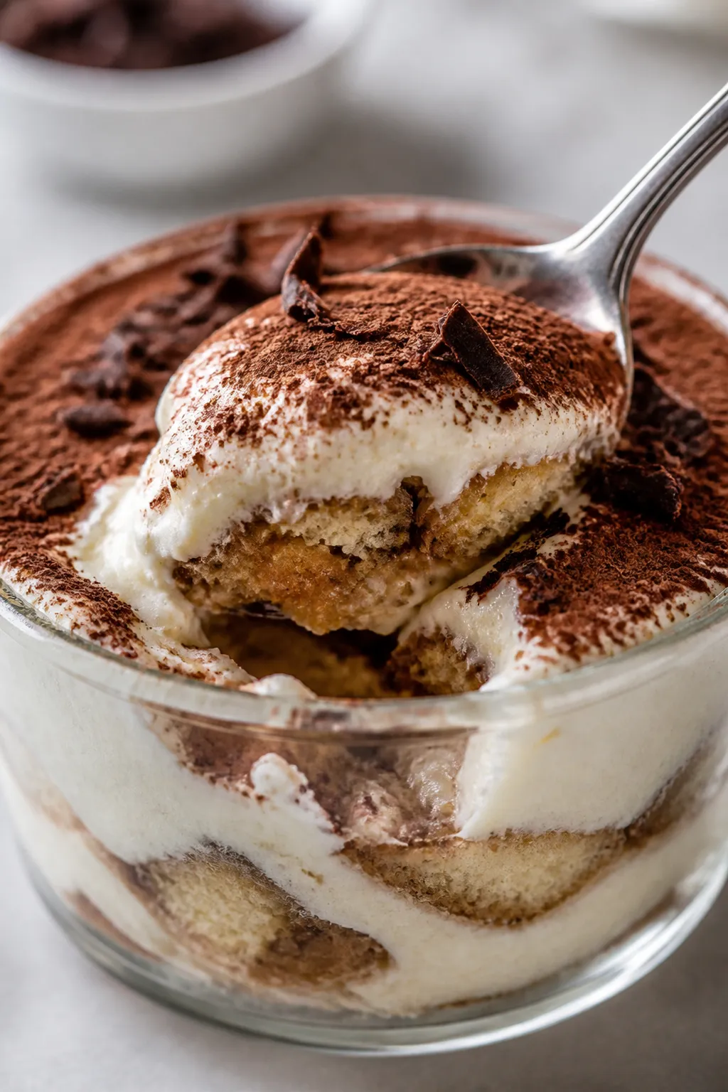 Close-up detail: A spoon scooping into a chilled tiramisu cup, revealing distinct layers—silky pro
