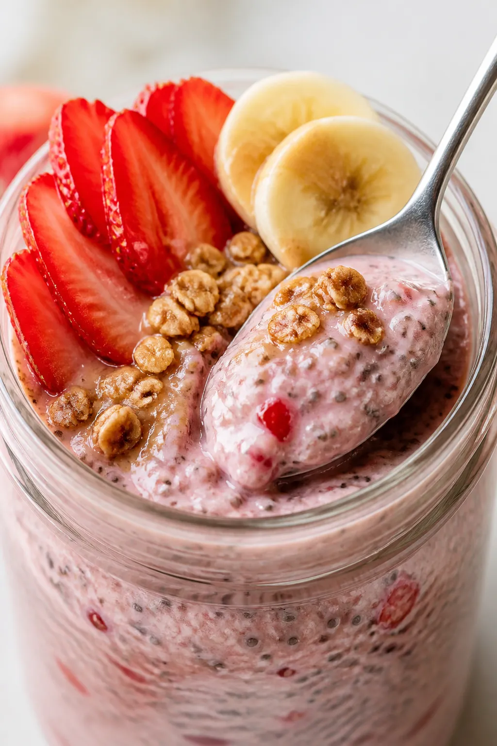 Close-up detail: A spoon scooping into thick, set strawberry-banana chia pudding in a clear glass ja
