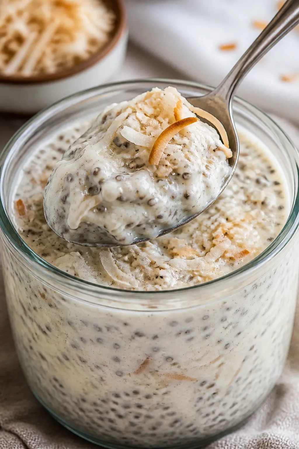 Close-up detail: A spoon scooping into ultra-creamy coconut cream pie chia pudding in a glass jar, s