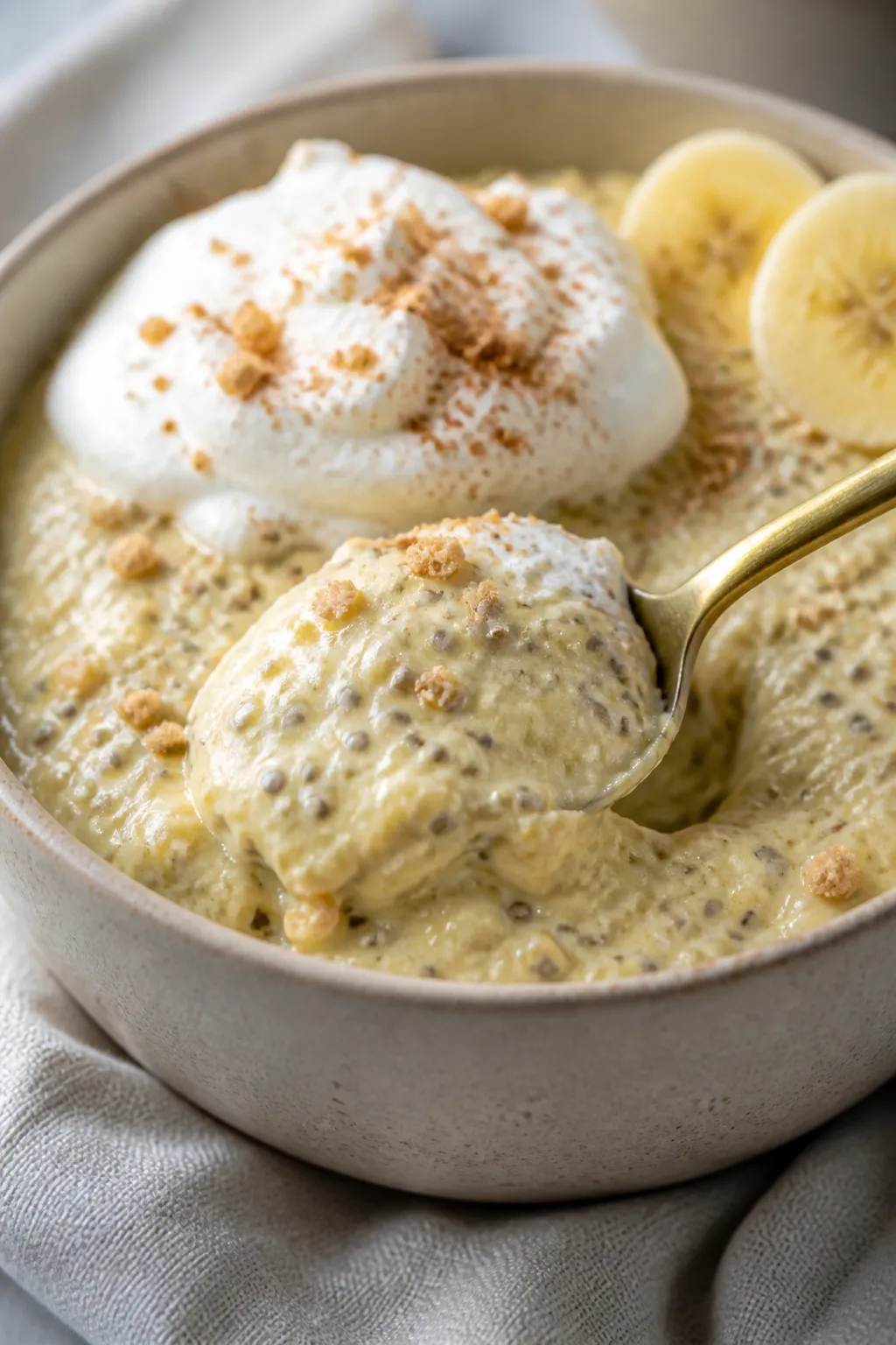 Close-up detail: A spoon scooping through creamy banana cream pie chia pudding after overnight chill