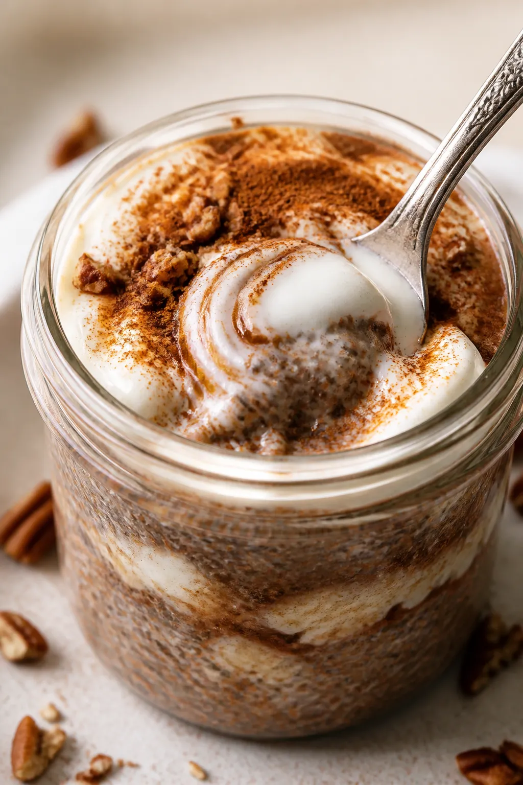 Close-up detail: A spoon swirling creamy Greek-yogurt “frosting” into thick, set cinnamon roll c
