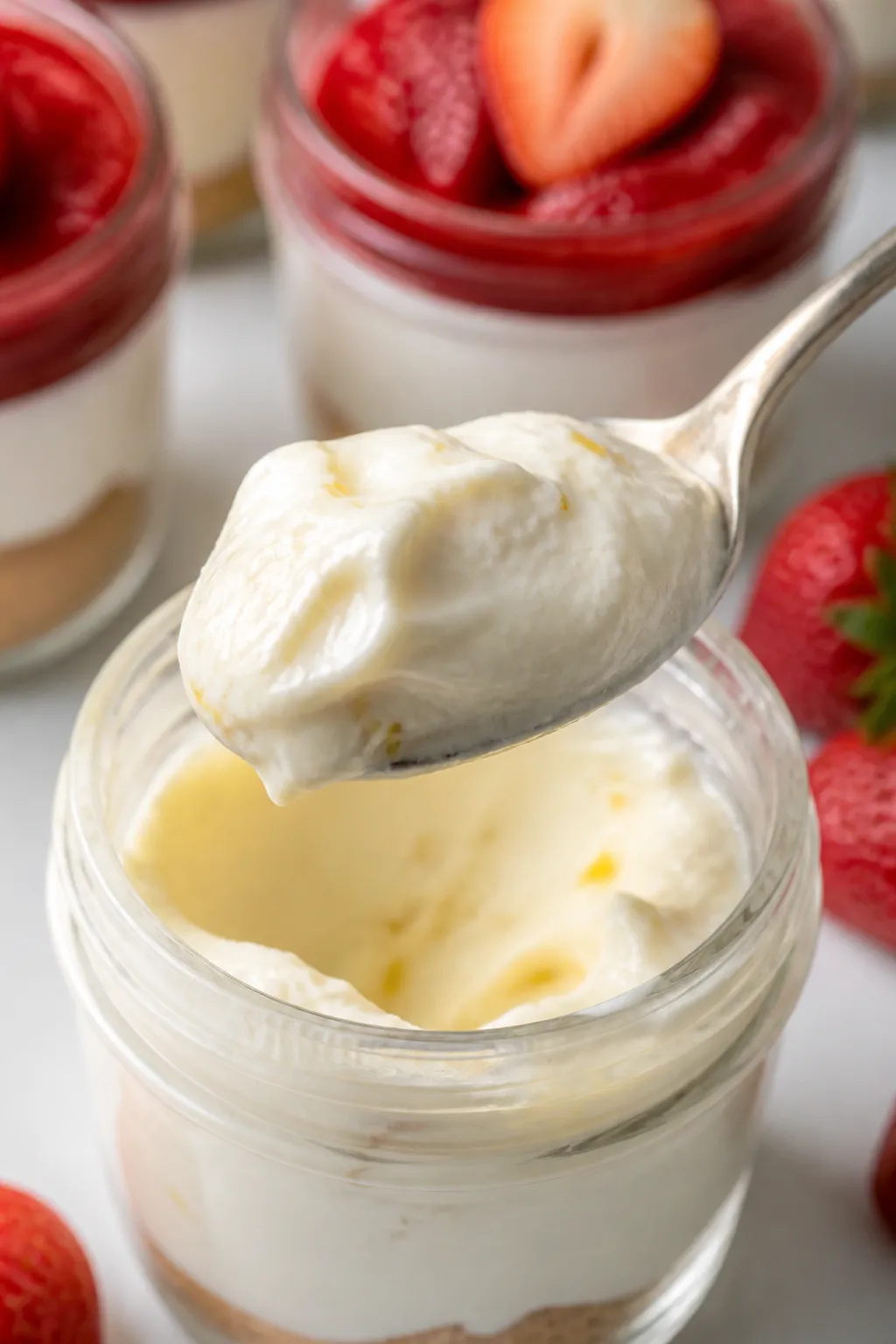Close-up detail: A spoonful of creamy cheesecake filling being lifted from a glass jar, showing the