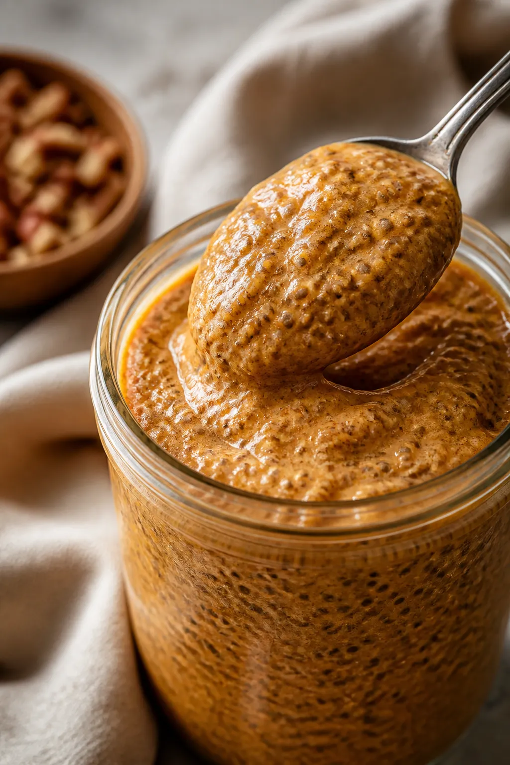 Close-up detail: A spoonful of thick, creamy pumpkin pie chia pudding being lifted from a glass jar 