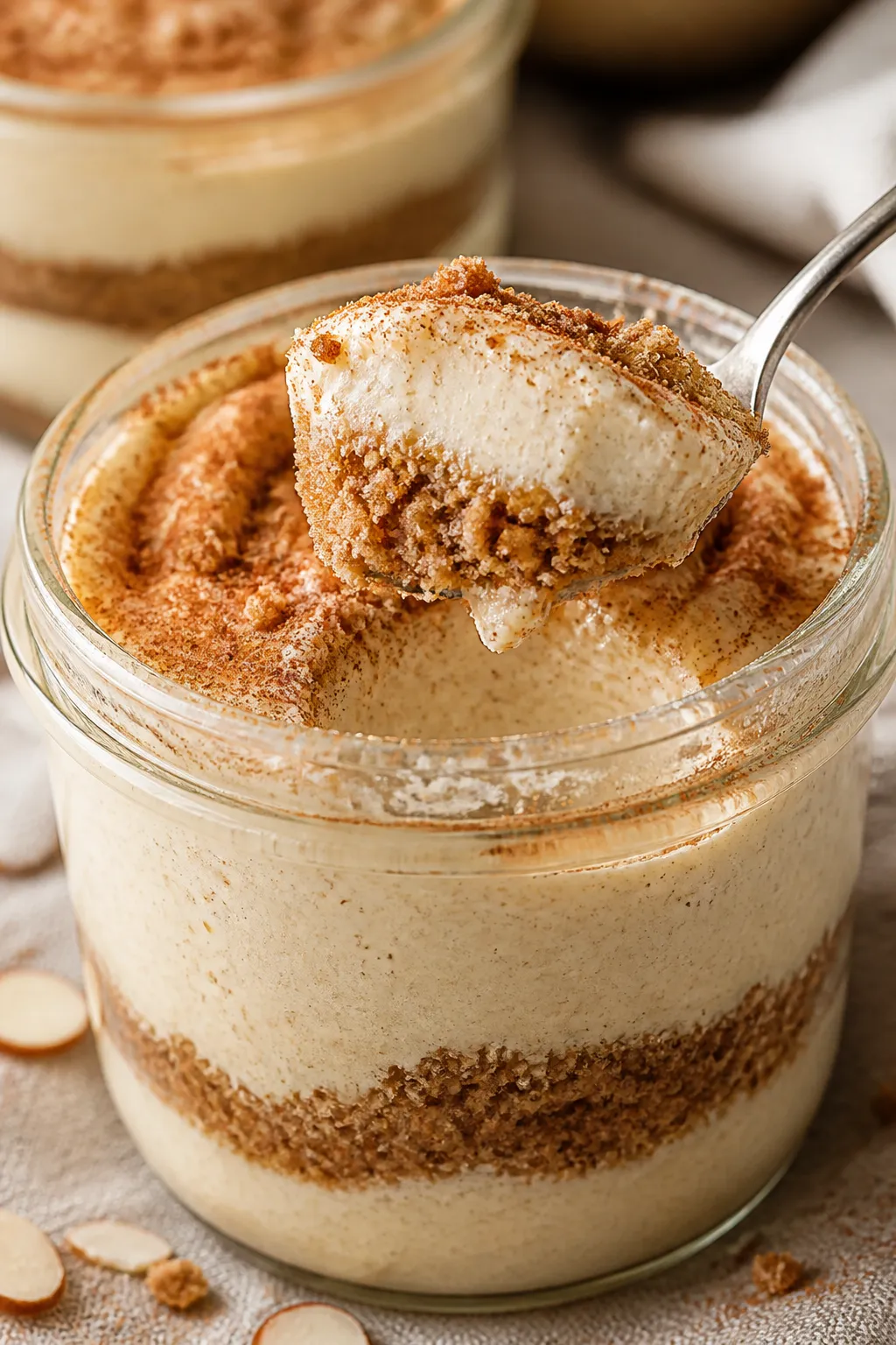 Close-up detail: A spoonful taken from a snickerdoodle cheesecake jar revealing silky, set cheesecak