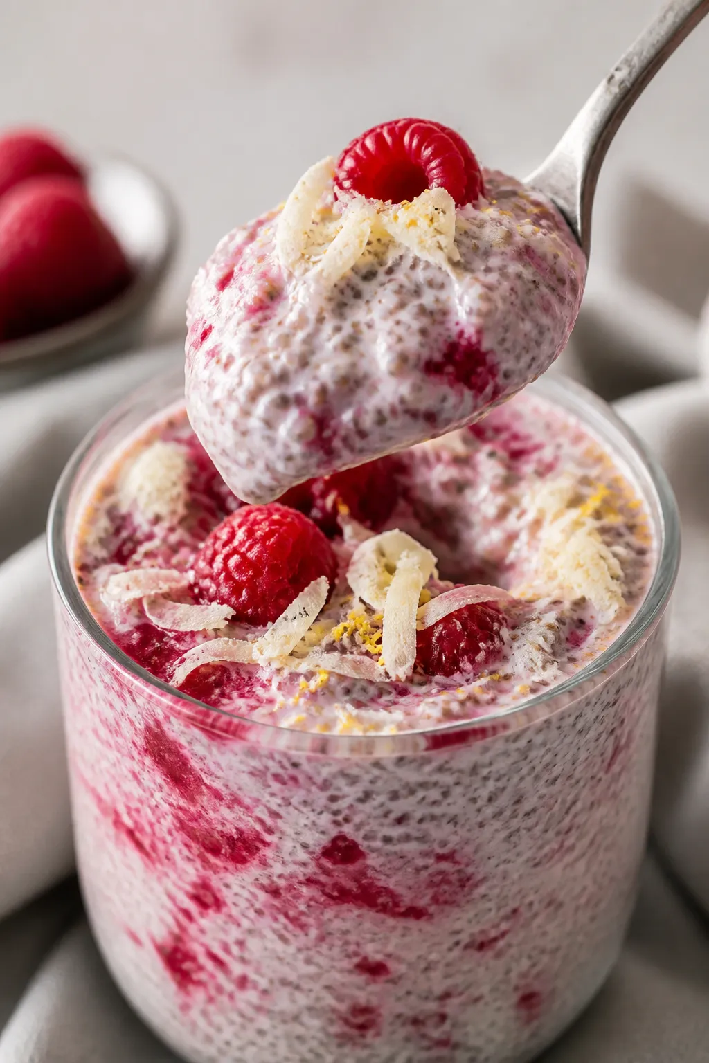 Close-up detail: A thick, creamy raspberry white chocolate chia pudding spoonful lifted from a glass