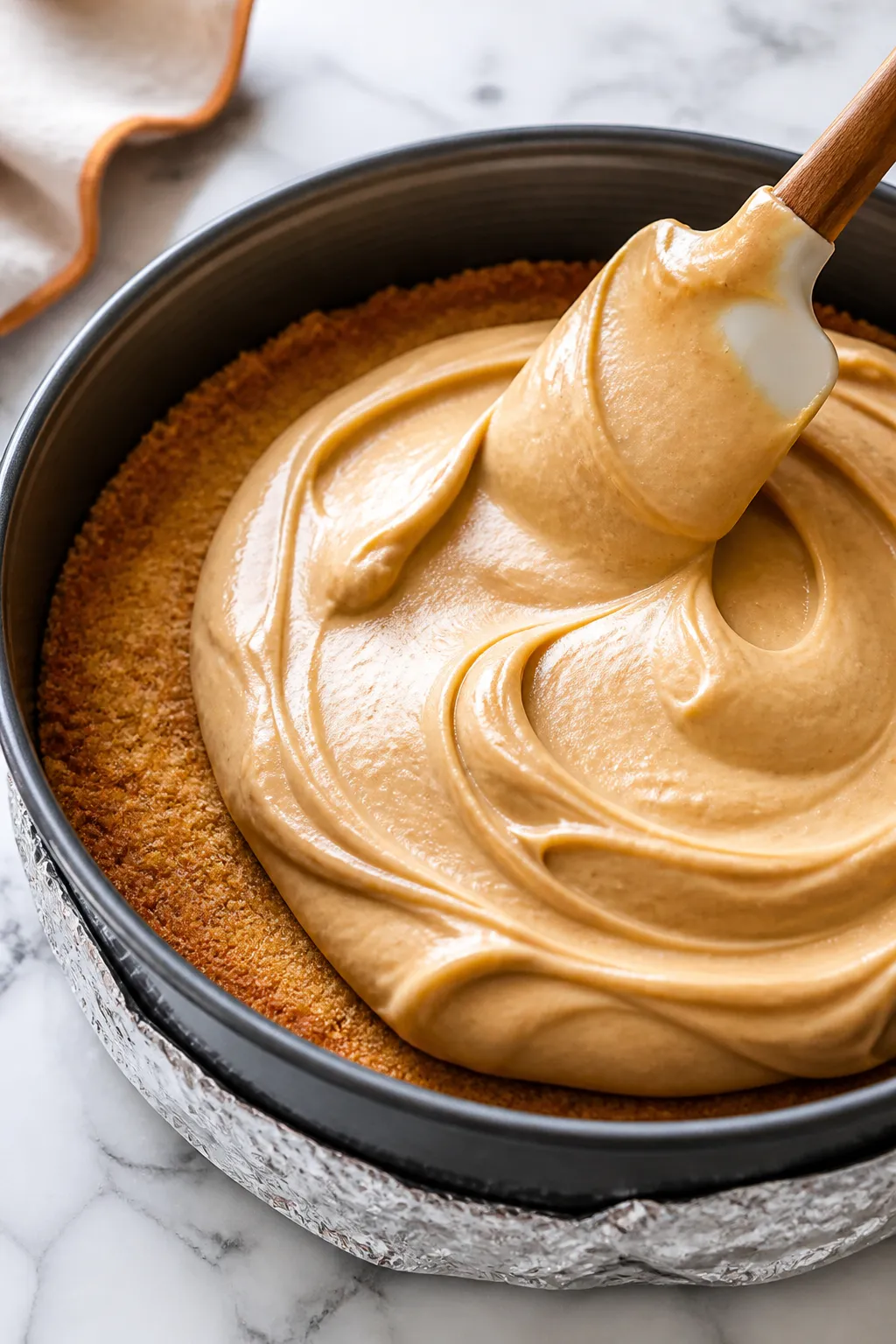 Close-up detail: A thick, glossy peanut butter cheesecake batter being smoothed over a par-baked alm