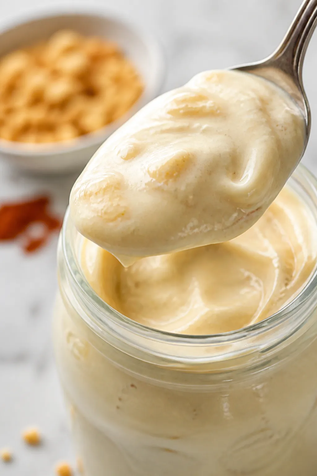 Close-up detail: A thick, spoonable scoop of high-protein banana cream pudding being lifted from a c