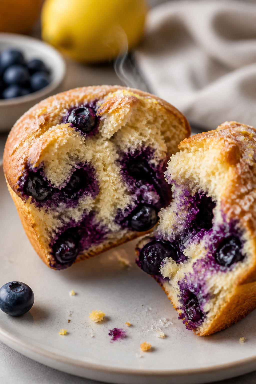 Close-up detail: A warm blueberry Greek yogurt protein muffin torn open to reveal a tender, moist cr