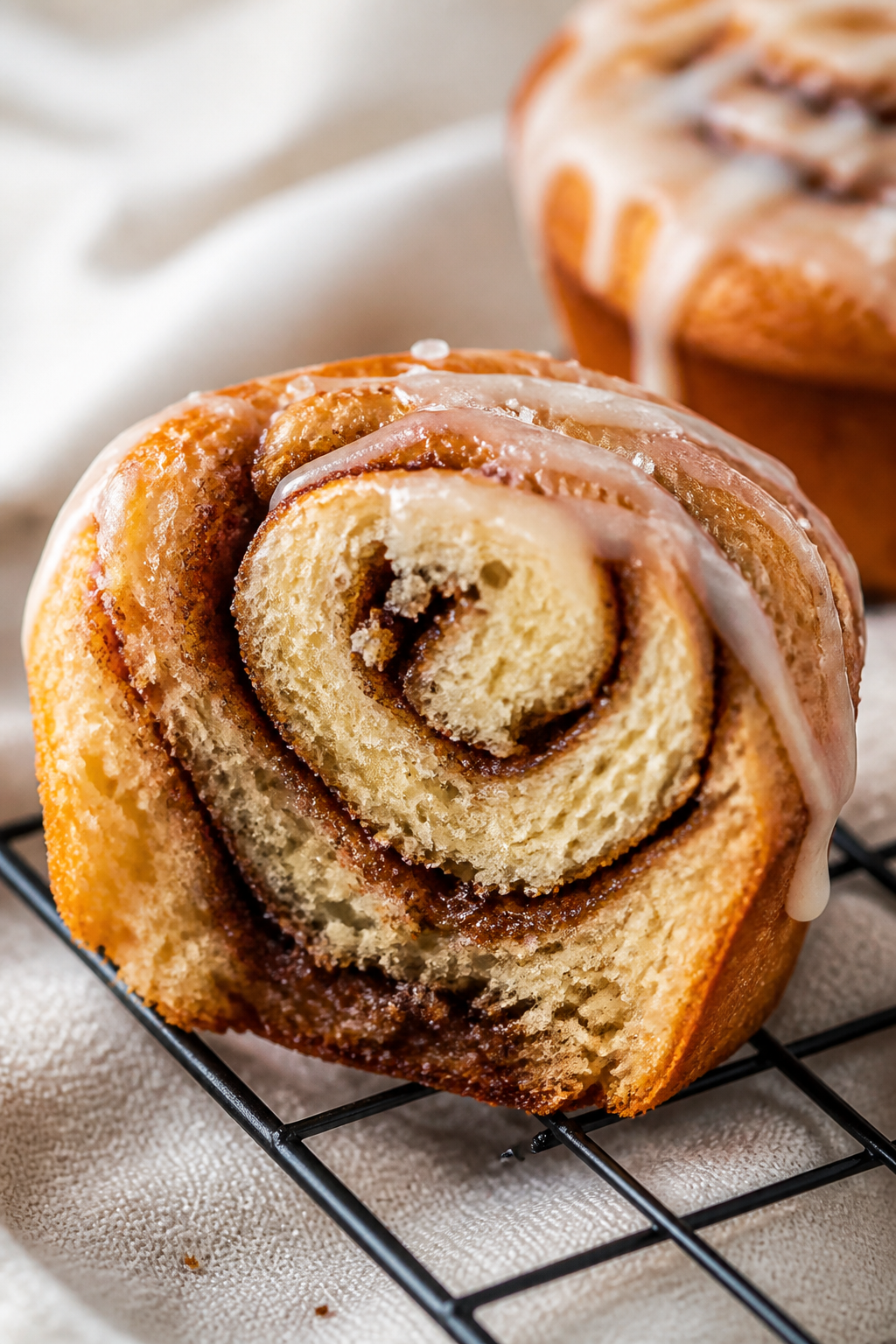Close-up detail: A warm mini cinnamon roll muffin just out of the tin, cut open to reveal a defined 