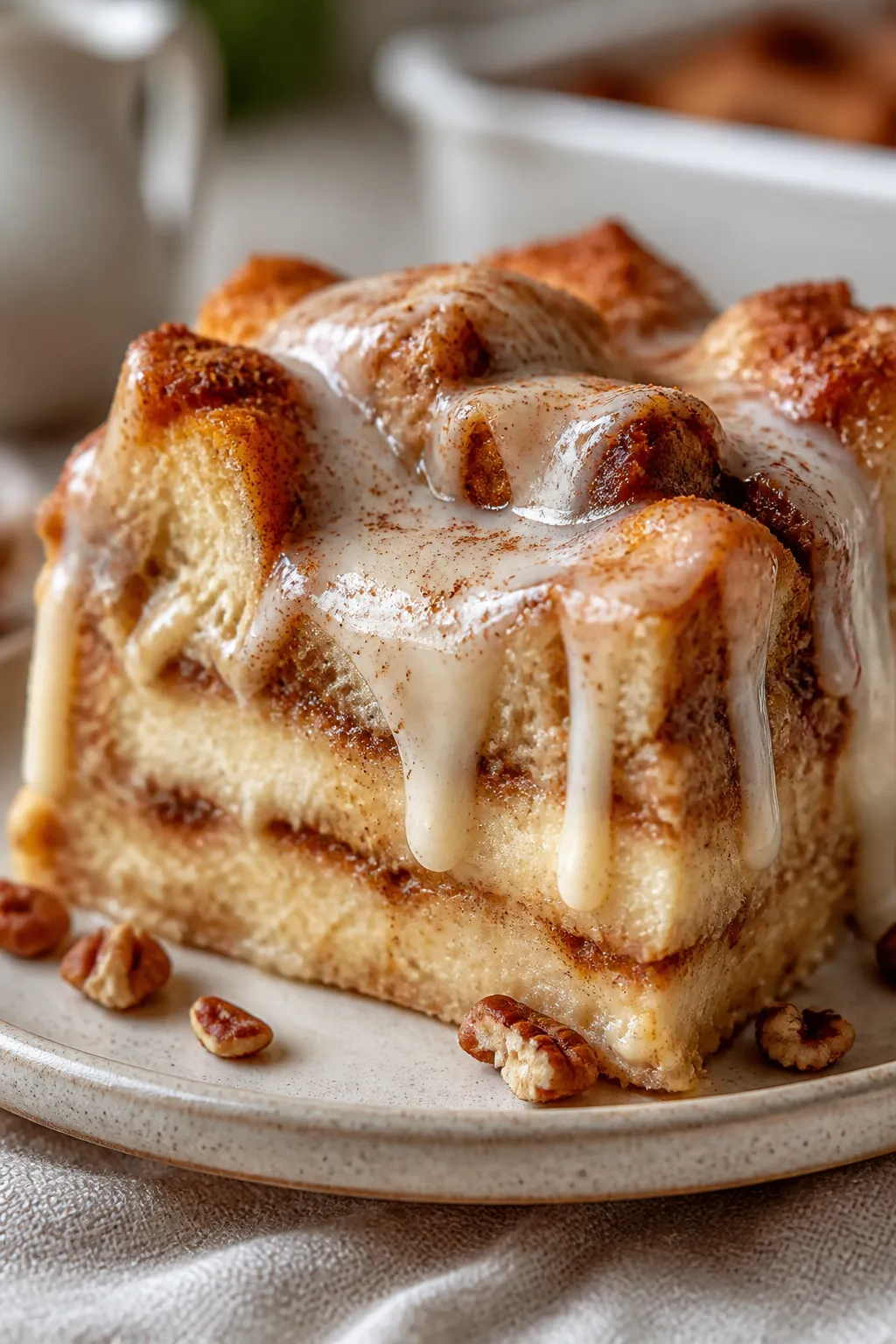 Close-up detail: A warm slice of High Protein Cinnamon Roll Pudding just out of the oven, showing cu