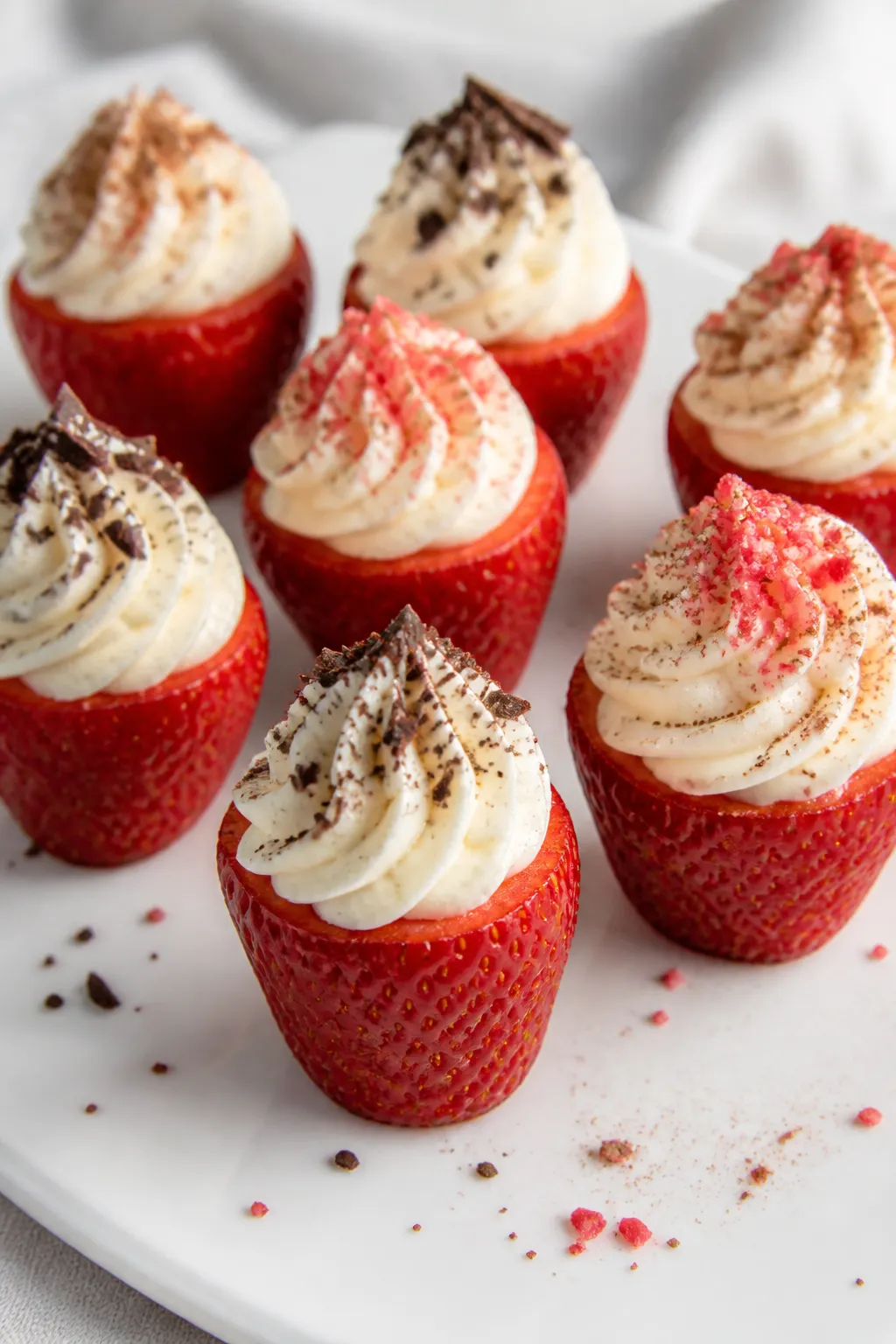 Close-up detail: Cheesecake-stuffed strawberries just after piping, highlighting silky, thick swirls