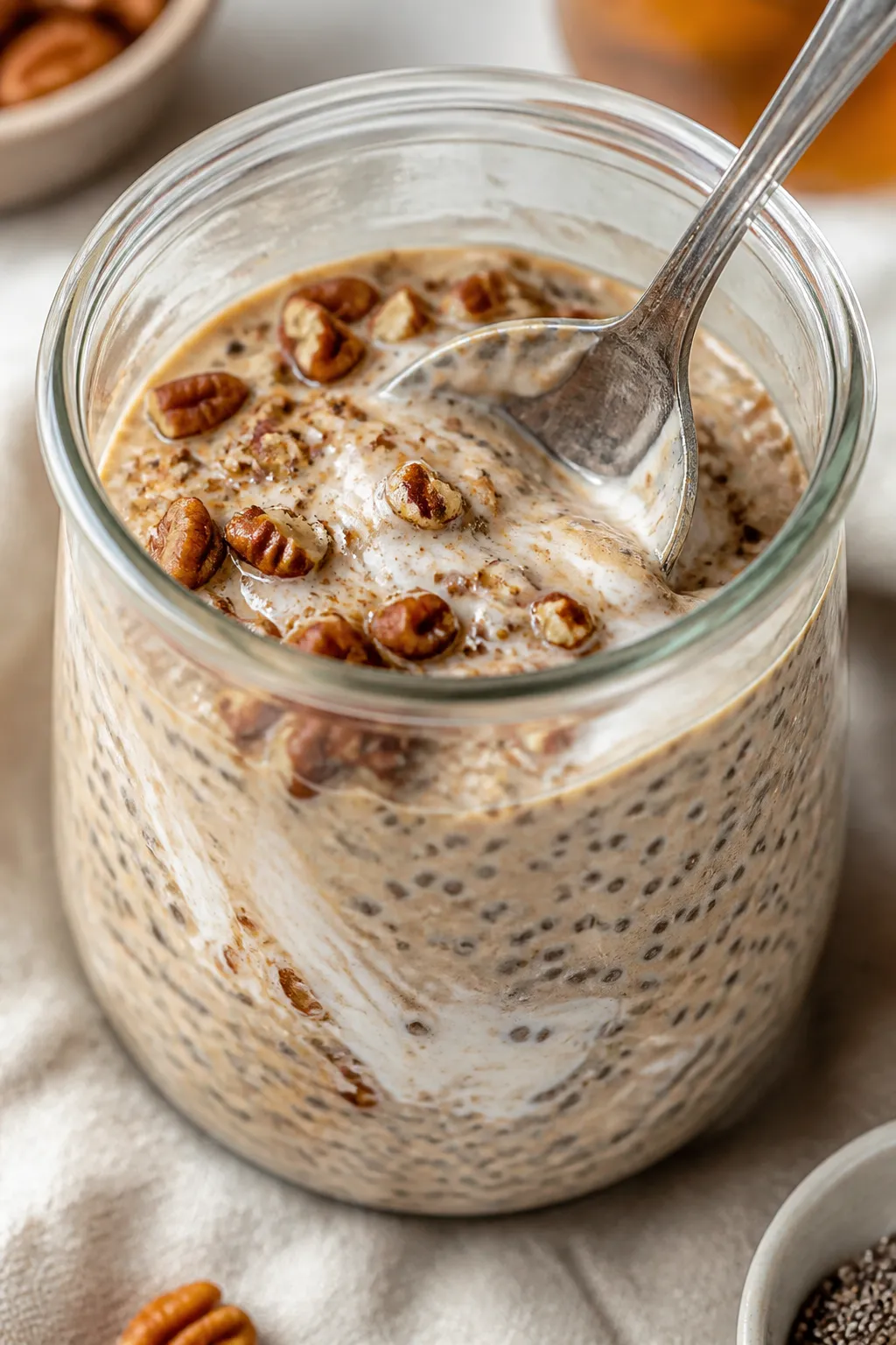Close-up detail: Creamy maple pecan chia pudding mid-stir in a chilled glass jar, showing thick, spo