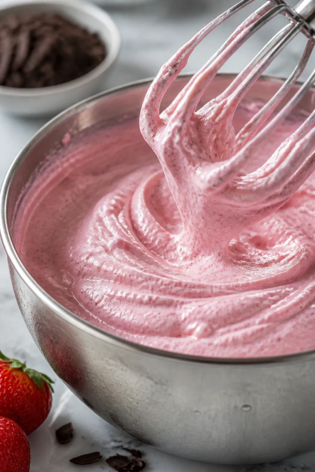 Close-up detail: Fluffy strawberry protein mousse mid-whip in a chilled stainless mixing bowl, airy 