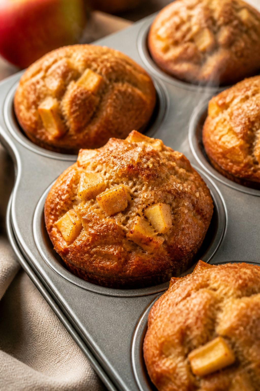 Close-up detail: Freshly baked apple pie muffins just out of the oven, golden domed tops with a ligh