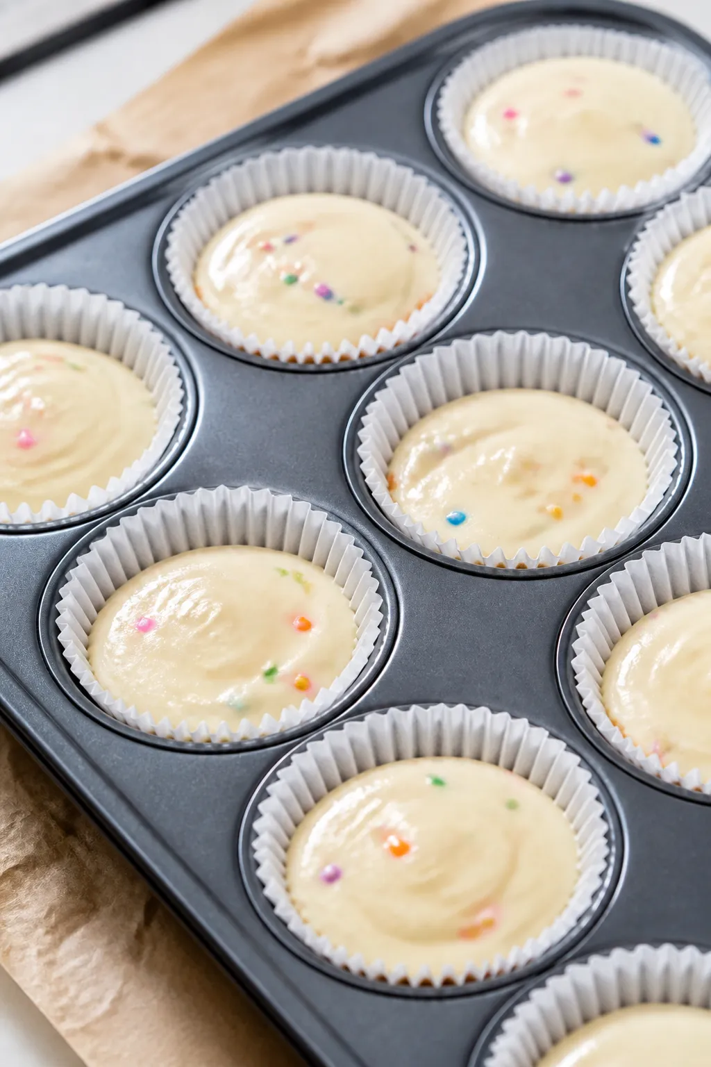 Close-up detail: Freshly baked birthday cake cheesecake cups just out of the oven in a muffin tin, e