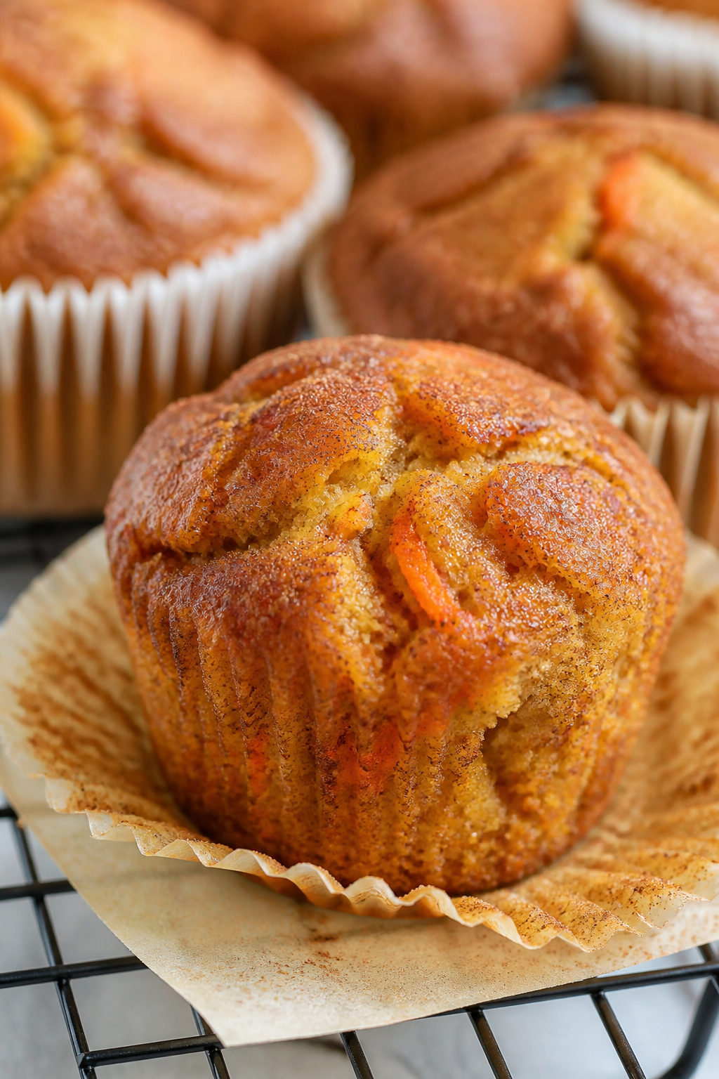Close-up detail: Freshly baked carrot cake muffins just out of the tin, golden-brown domed tops with