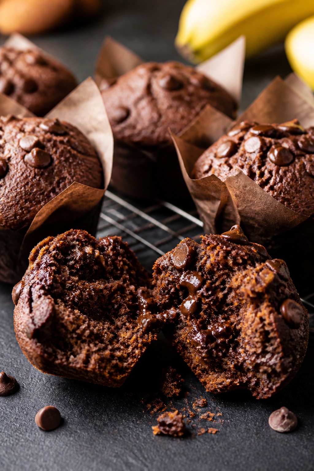Close-up detail: Freshly baked chocolate banana muffins just out of the tin, one muffin torn open to
