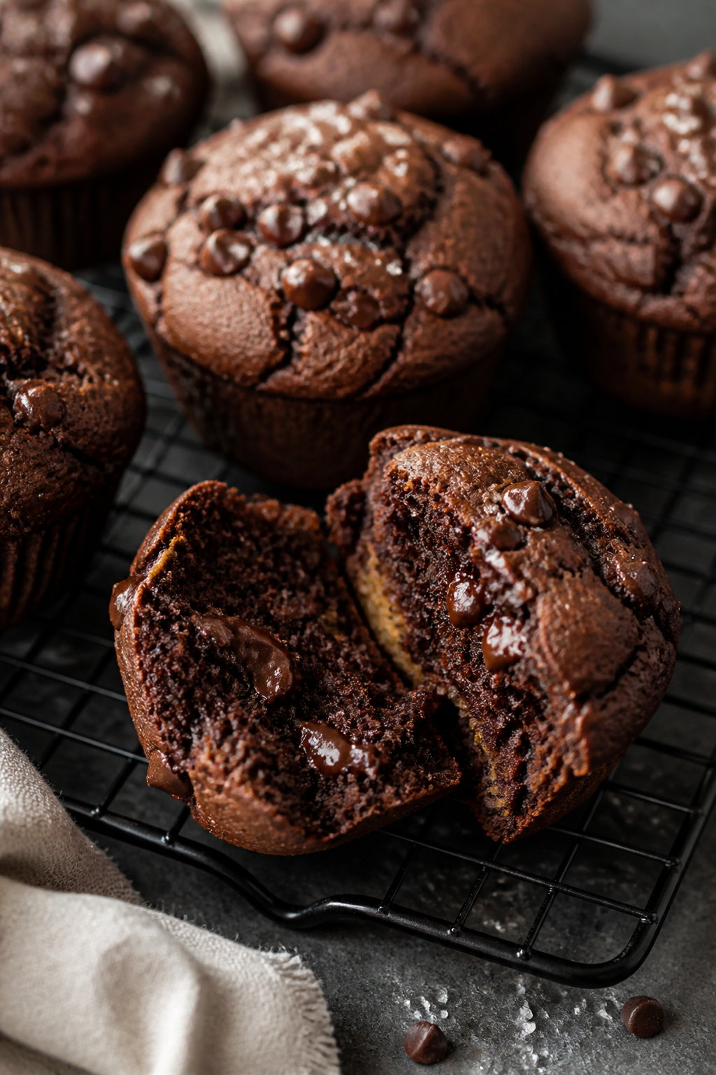 Close-up detail: Freshly baked chocolate peanut butter protein muffins just out of the pan, domed to