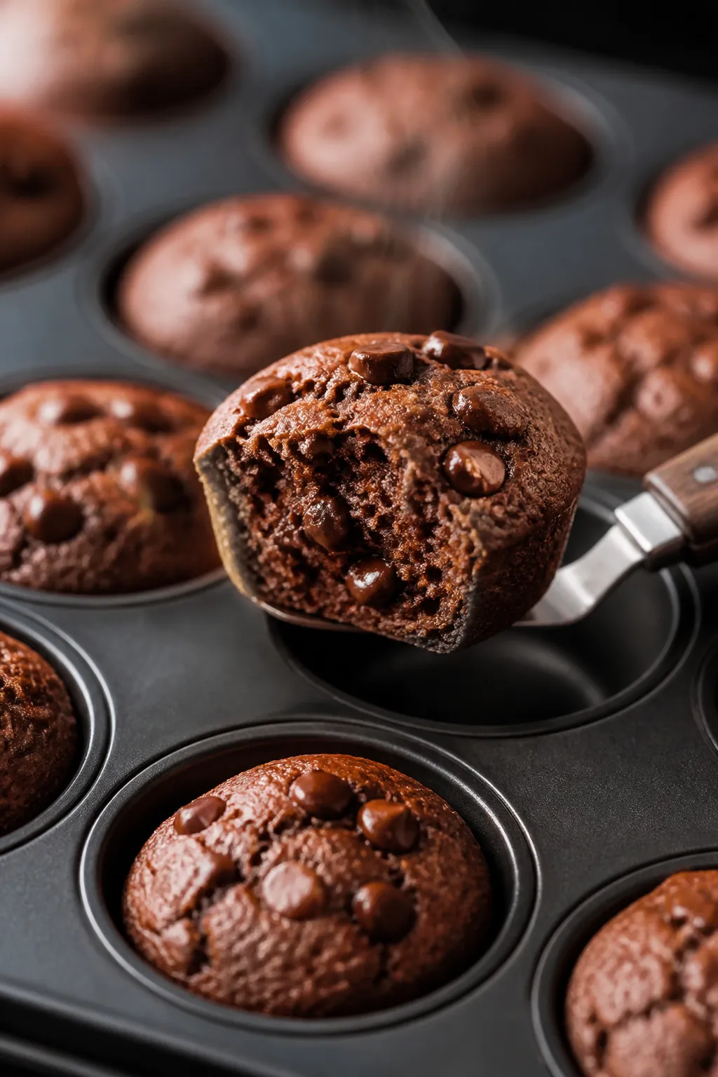 Close-up detail: Freshly baked chocolate protein pancake bites just out of the oven, still in a dark