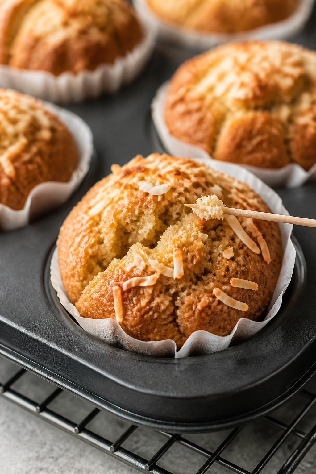 Close-up detail: Freshly baked coconut banana protein muffins just out of the oven, golden-domed top