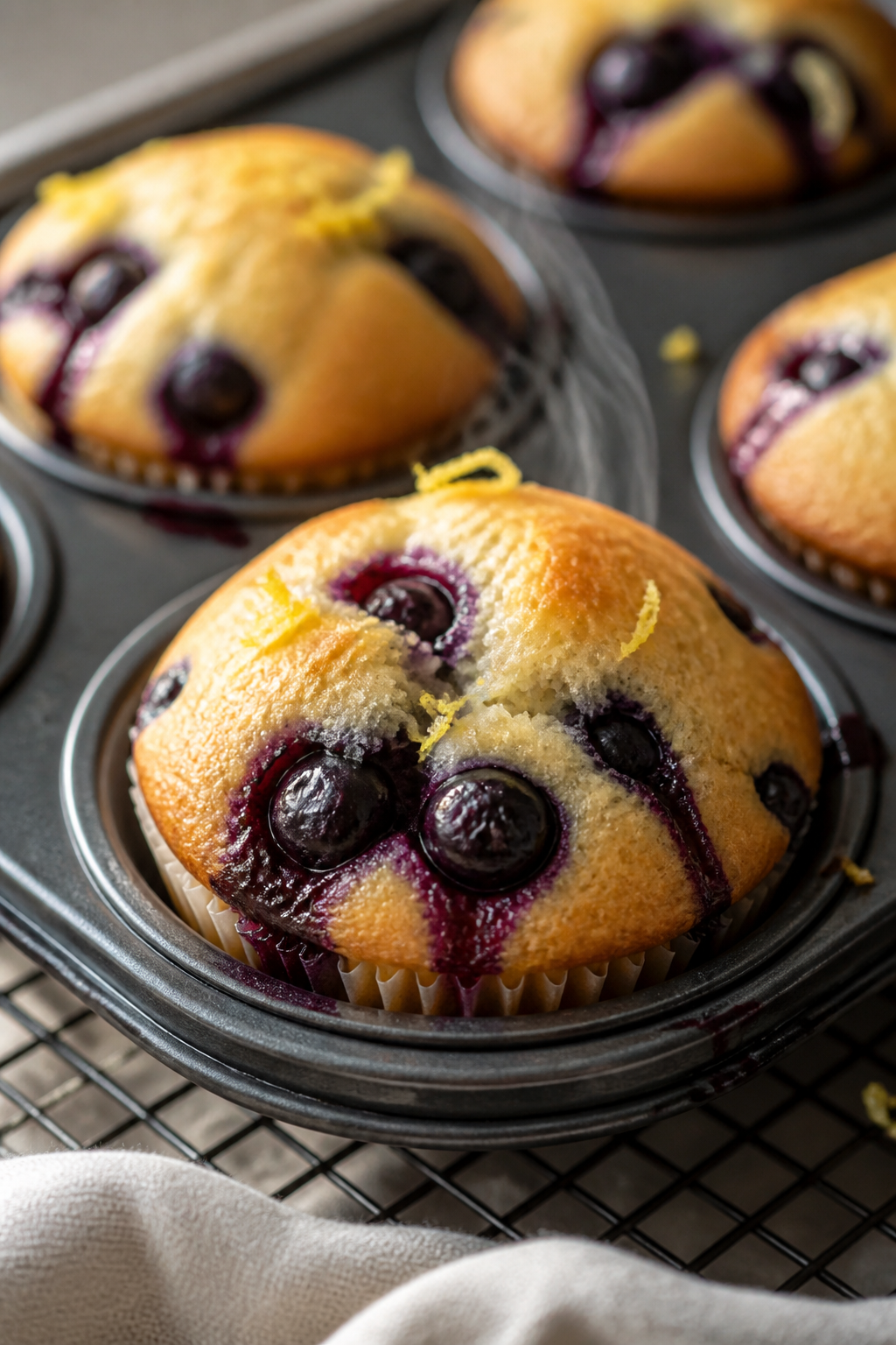 Close-up detail: freshly baked high-protein blueberry muffins just out of the tin, golden tops with