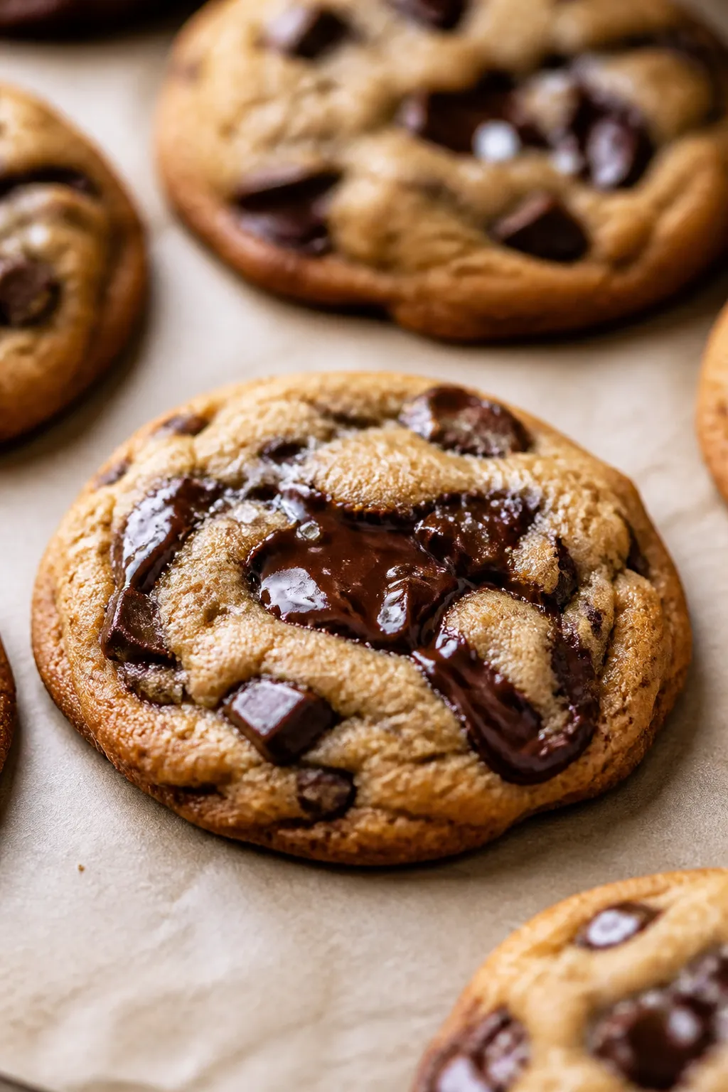 Close-up detail: Freshly baked high-protein, low-carb chocolate chip cookies just out of the oven on