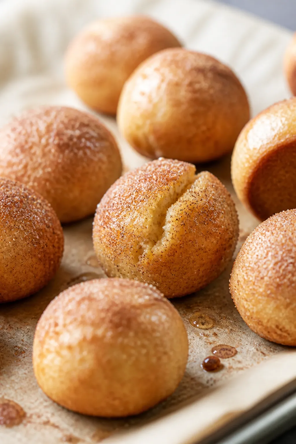 Close-up detail: Freshly baked high-protein low-carb donut holes just out of the oven on a parchment