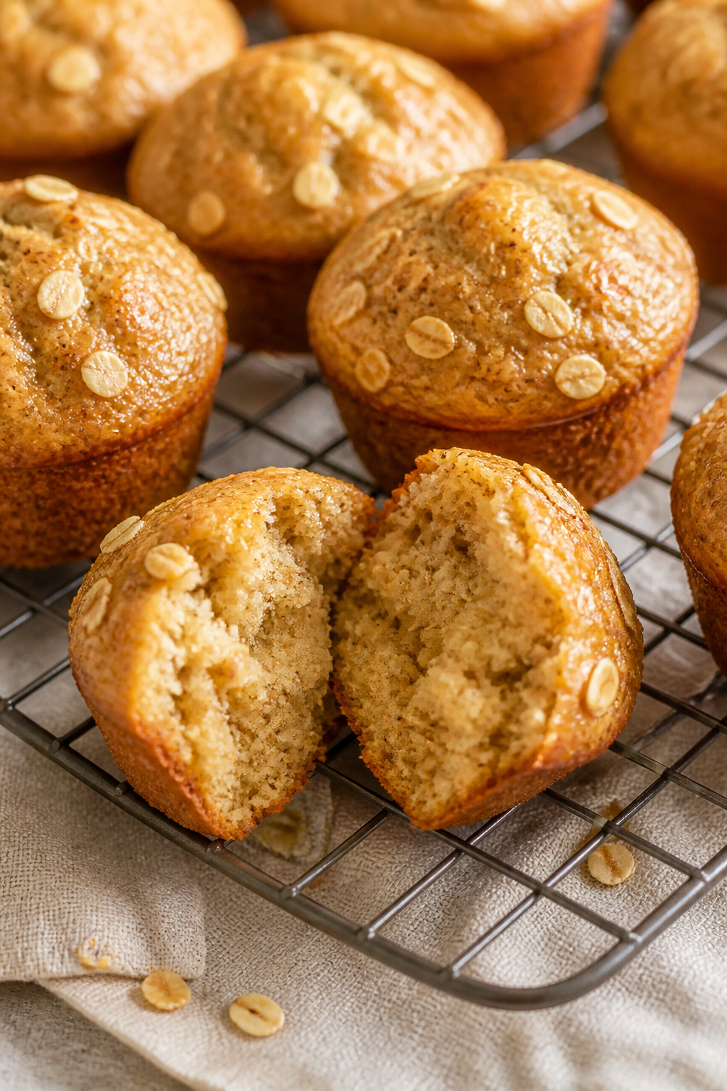 Close-up detail: Freshly baked honey oat mini muffins just out of the oven, golden domed tops with a