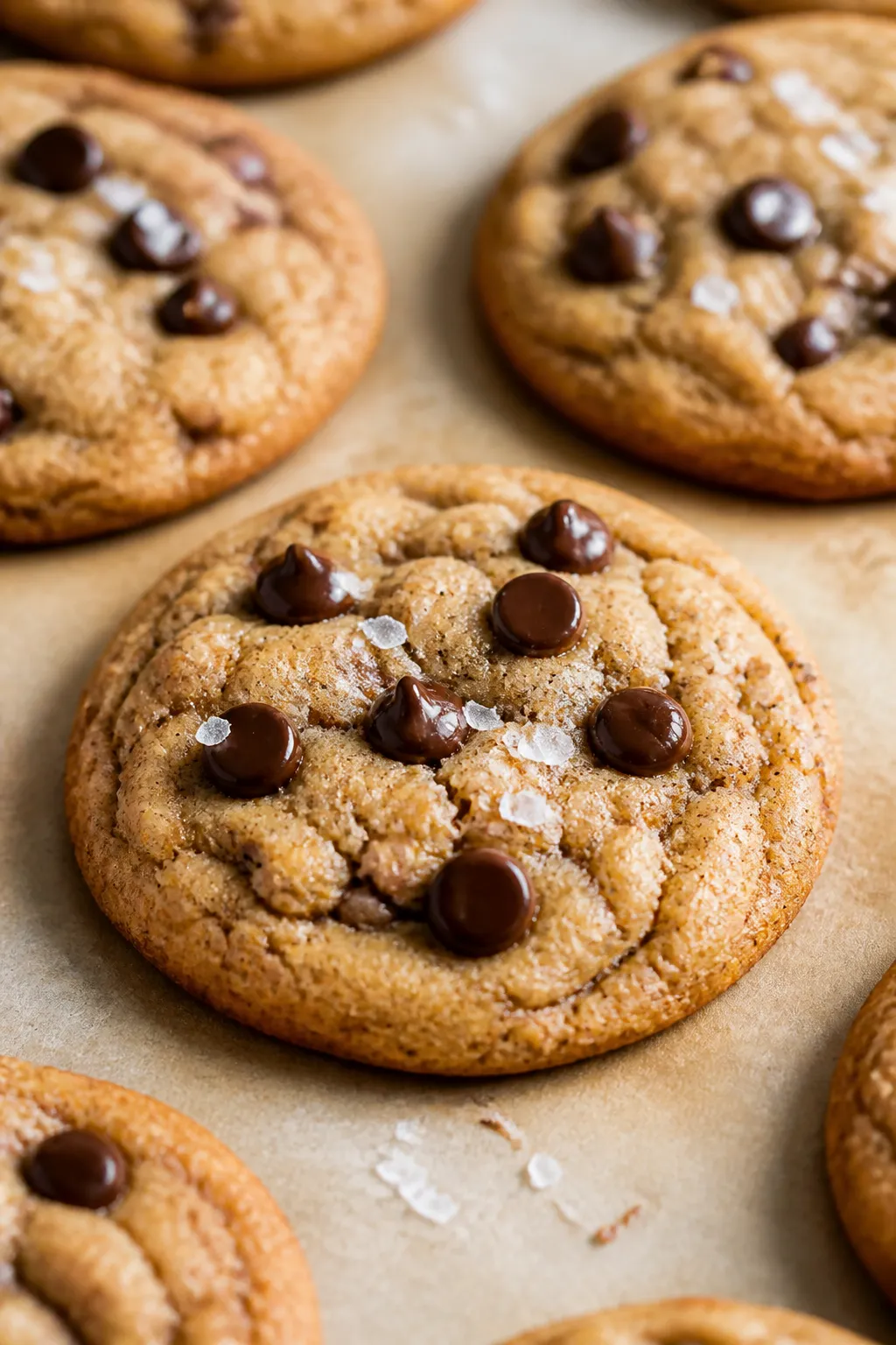 Close-up detail: Freshly baked maple protein cookies cooling on a parchment-lined sheet, edges light