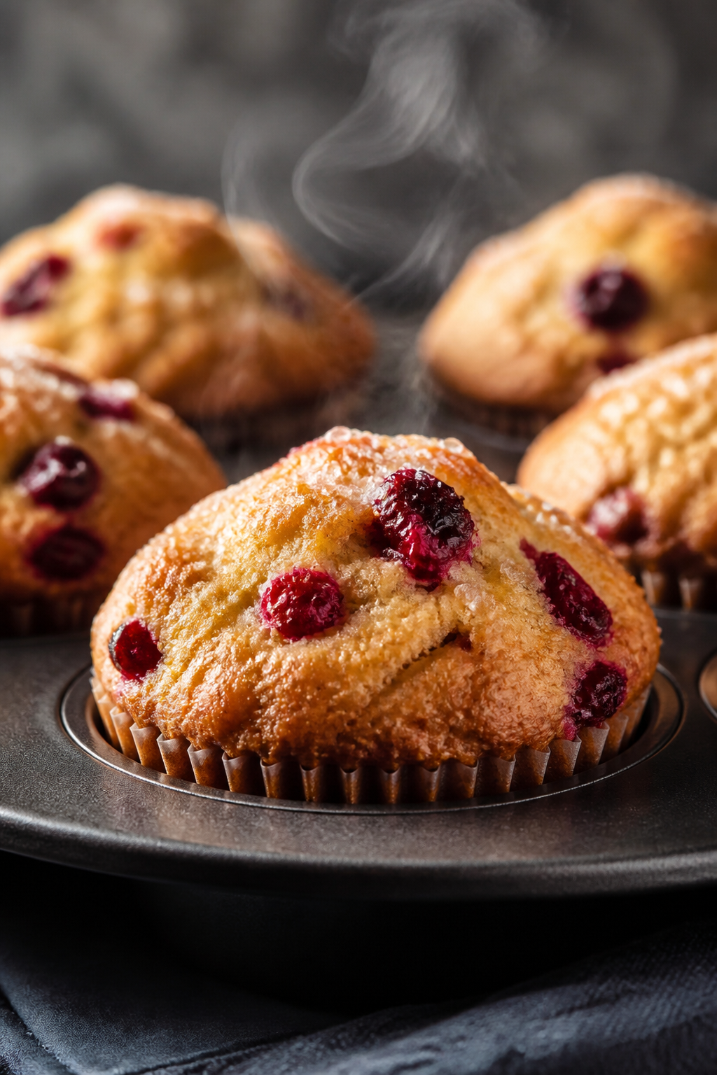 Close-up detail: Freshly baked orange cranberry muffins just out of the oven, golden-domed tops with