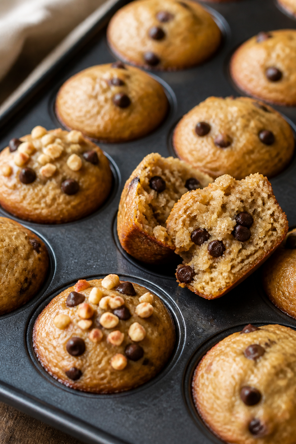 Close-up detail: Freshly baked peanut butter banana mini muffins just out of the oven, golden tops g
