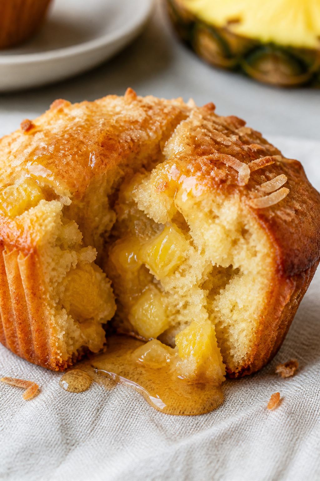 Close-up detail: Freshly baked pineapple coconut protein muffin torn open to reveal moist, tender cr