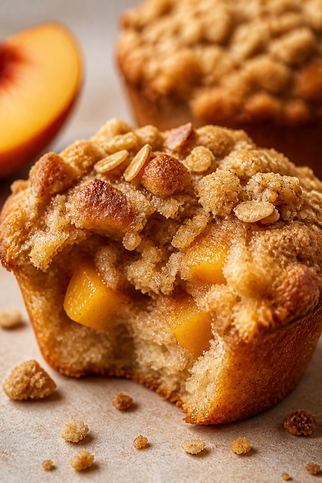 Close-up detail: Freshly baked Protein Peach Cobbler Muffin torn open to reveal a moist, tender crum