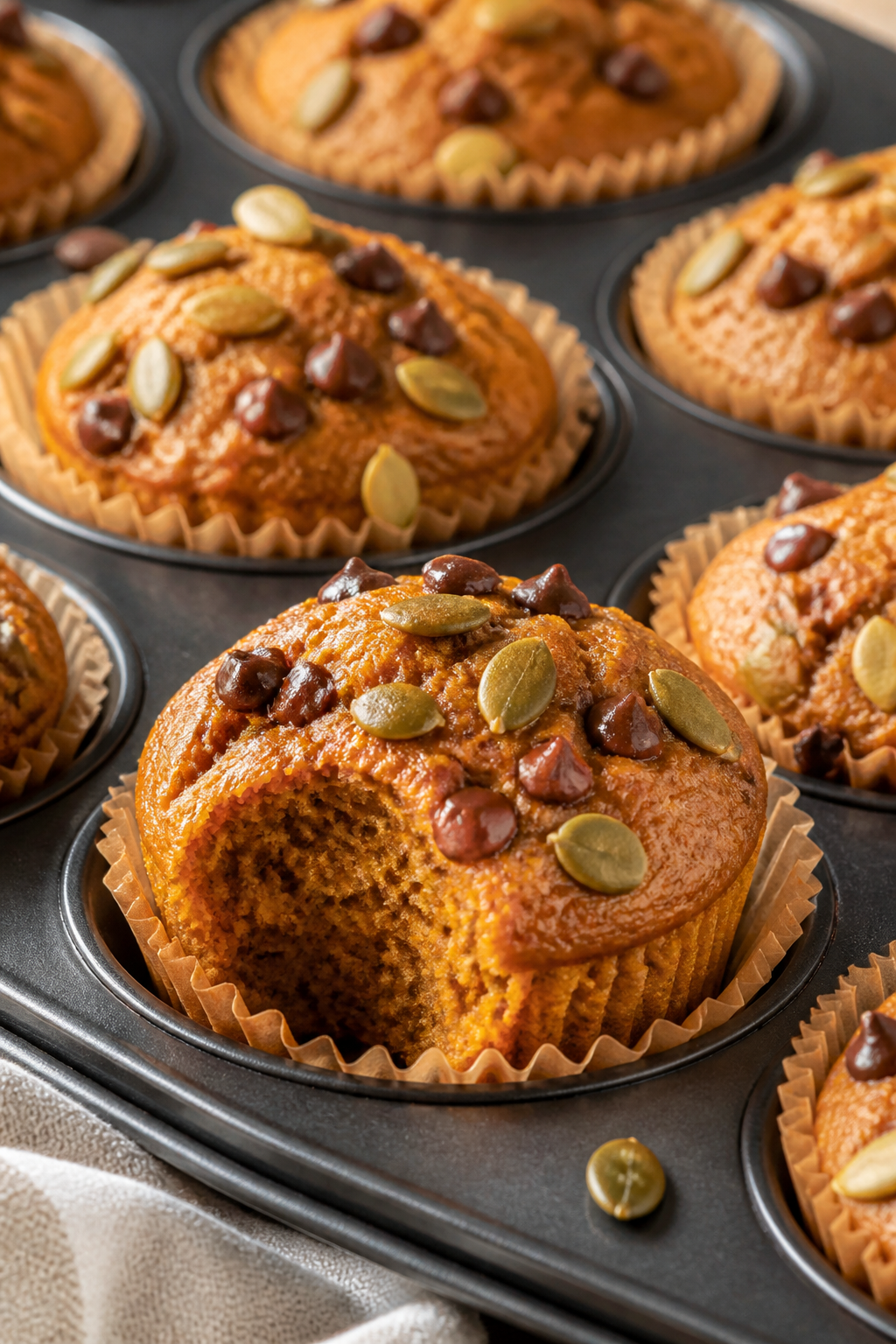 Close-up detail: Freshly baked protein pumpkin muffins just out of the oven, still in a lined 12-cup