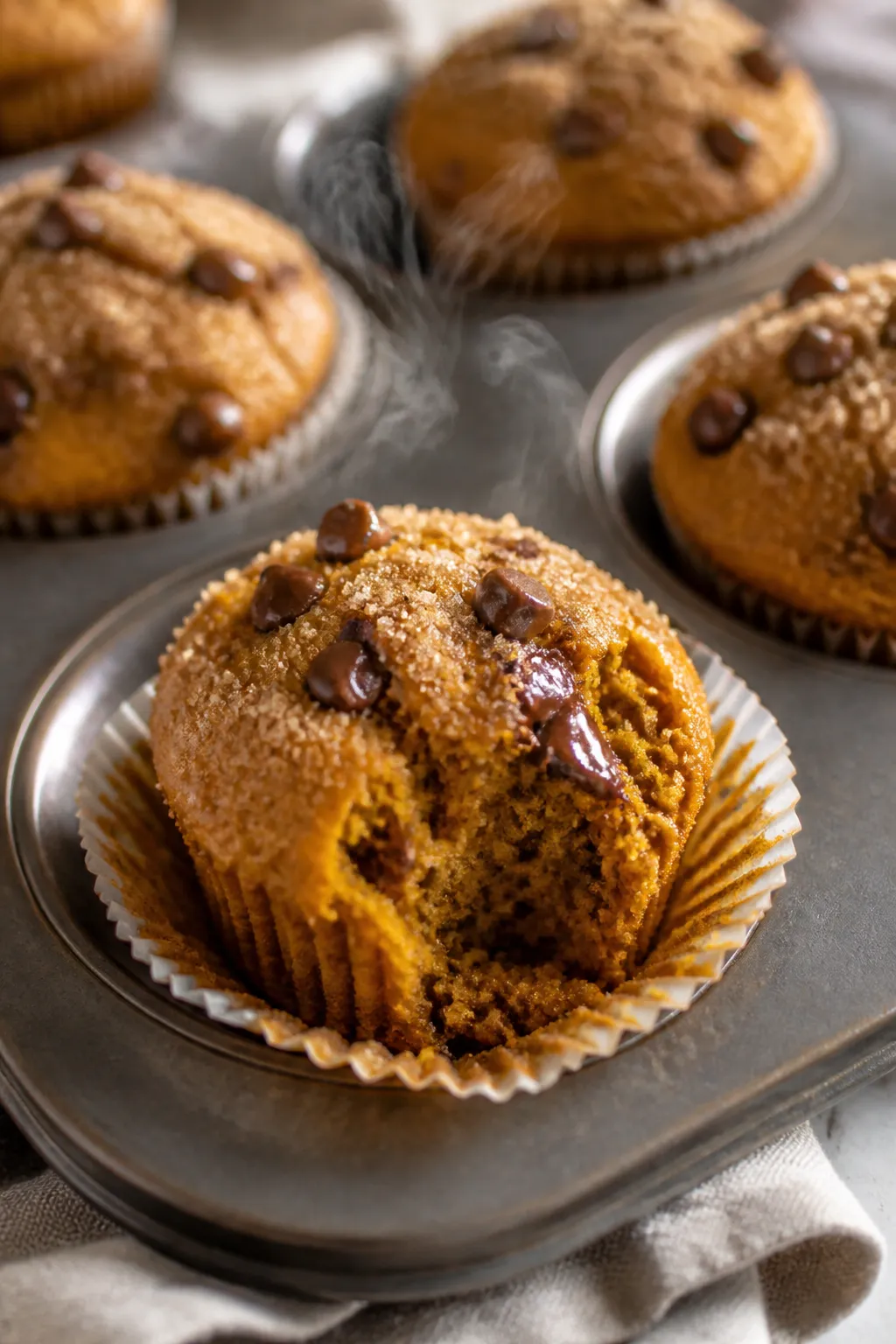 Close-up detail: Freshly baked pumpkin protein muffins just out of the oven, tops domed and lightly
