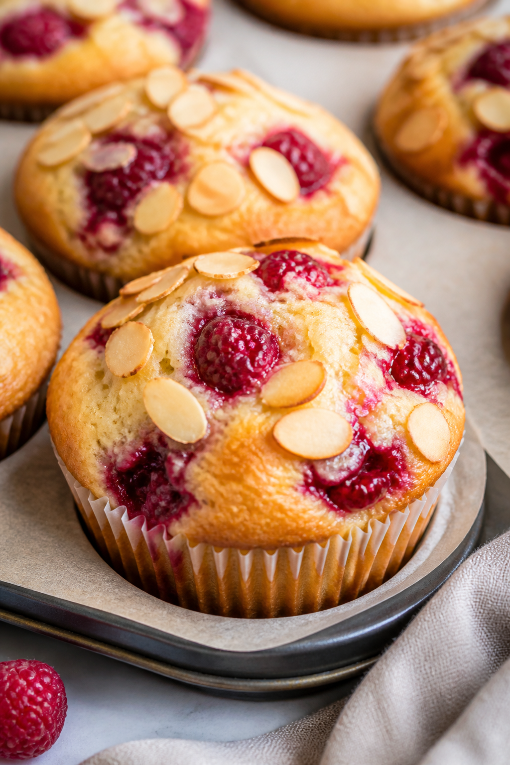 Close-up detail: Freshly baked Raspberry Almond Muffins just out of the oven, domed tops set with a 