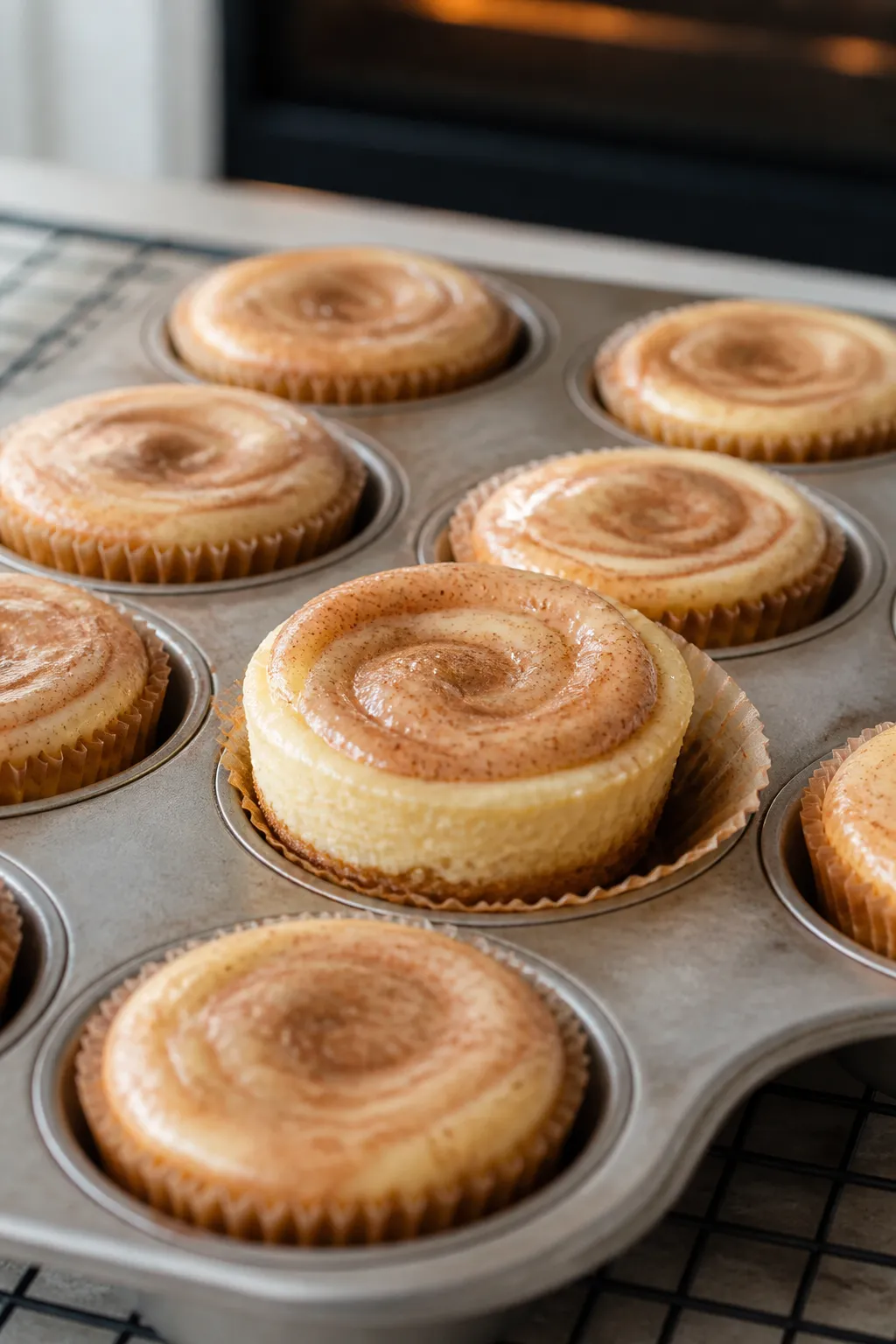 Close-up detail: Freshly baked snickerdoodle cheesecake bites still in a mini muffin tin, edges set