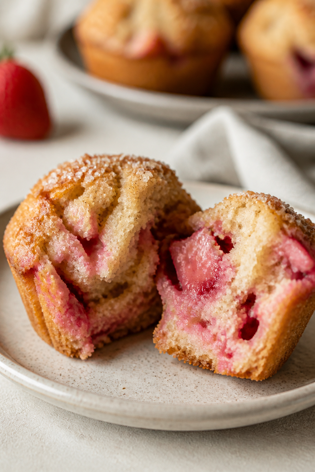 Close-up detail: Freshly baked strawberry protein muffin torn open to reveal a tender, moist crumb w