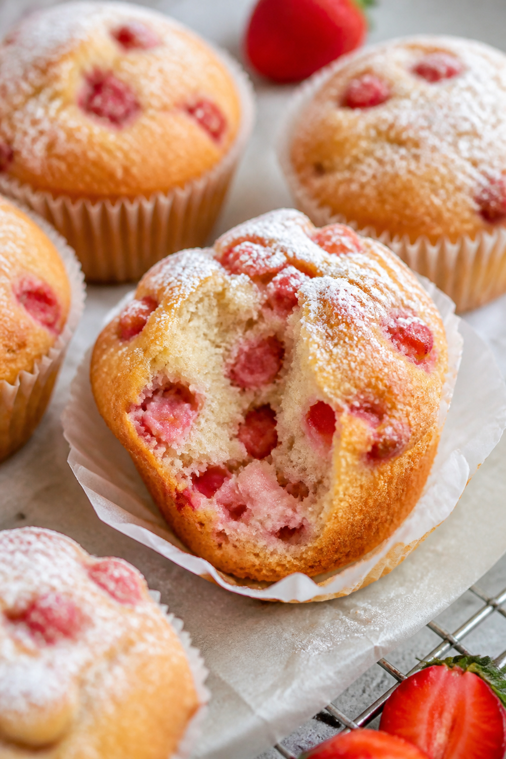 Close-up detail: Freshly baked strawberry yogurt muffins just out of the oven, golden tops with tiny
