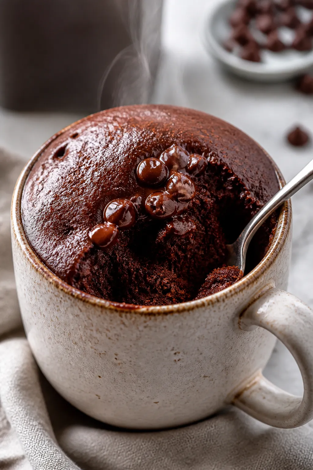 Close-up detail: freshly microwaved chocolate protein mug cake rising just above the rim of a 12-oz
