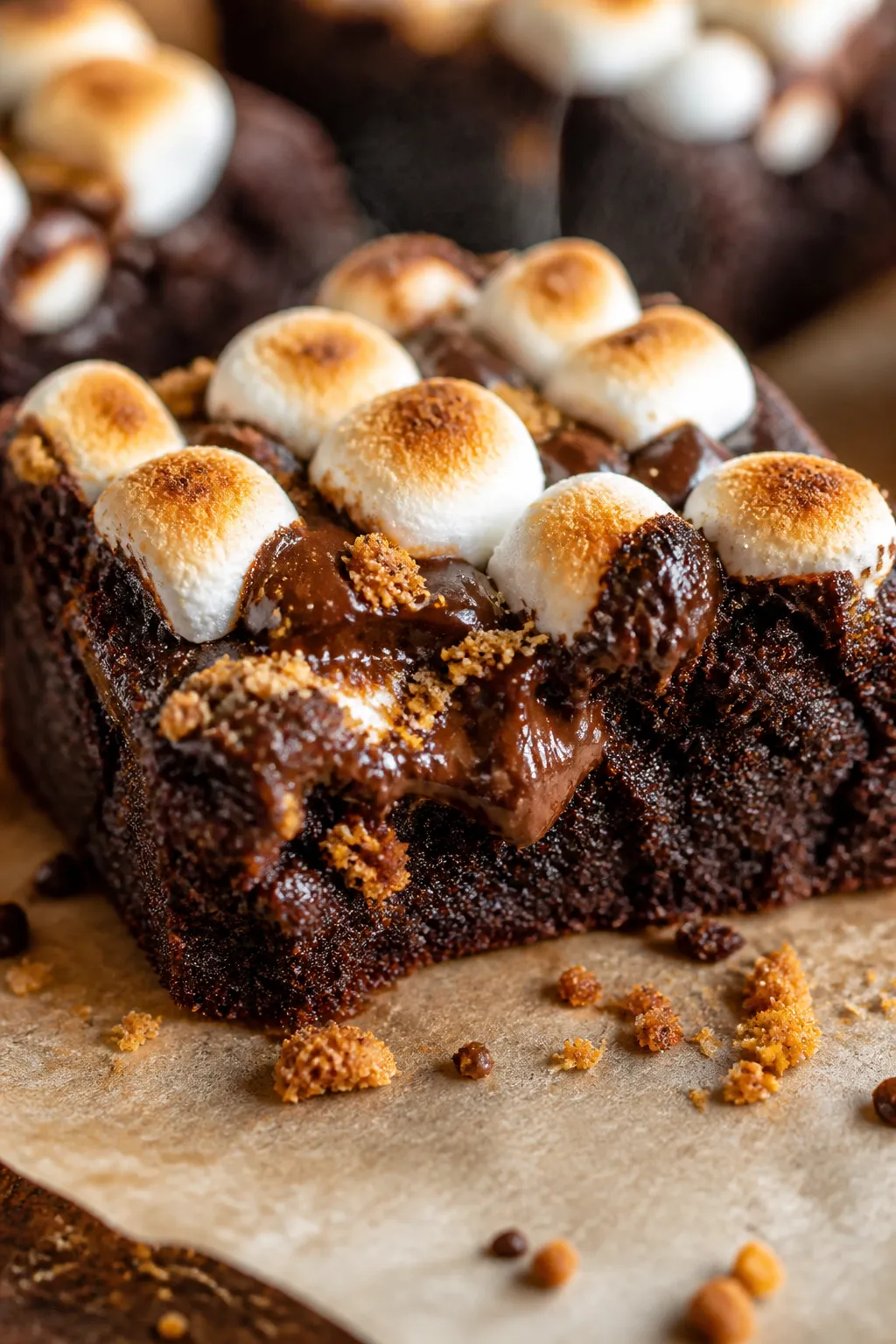Close-up detail: Gooey s’mores protein brownie square just after broiling, showcasing deeply fudgy