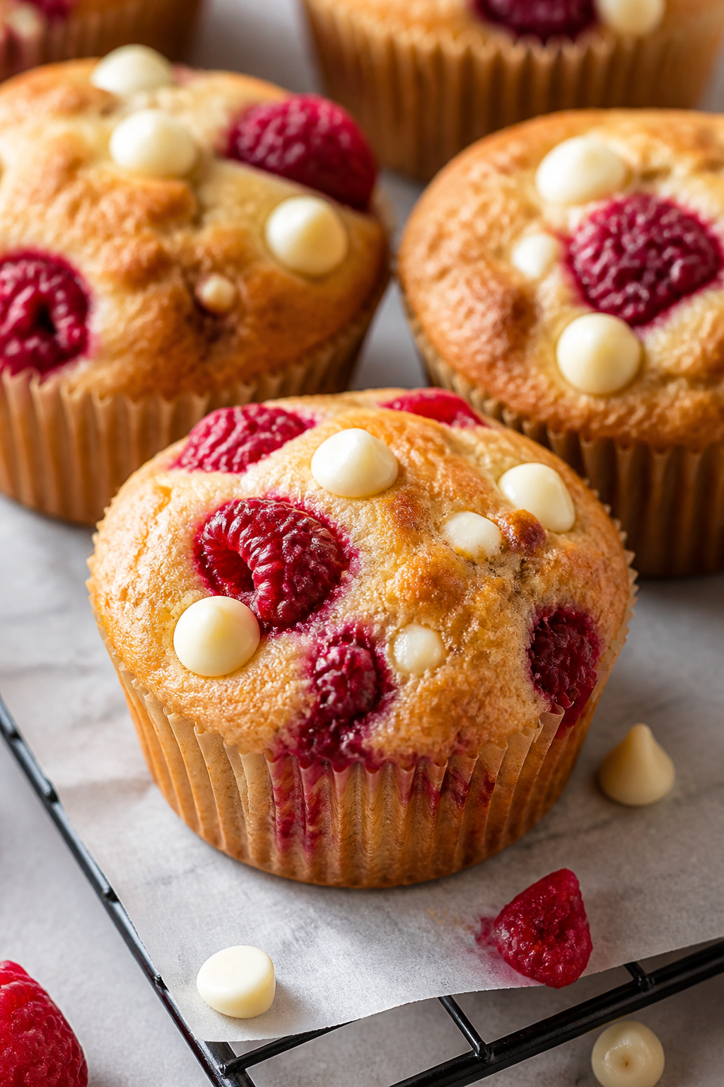 Close-up detail: Just-baked Raspberry White Chocolate Protein Muffins cooling on a wire rack, golden