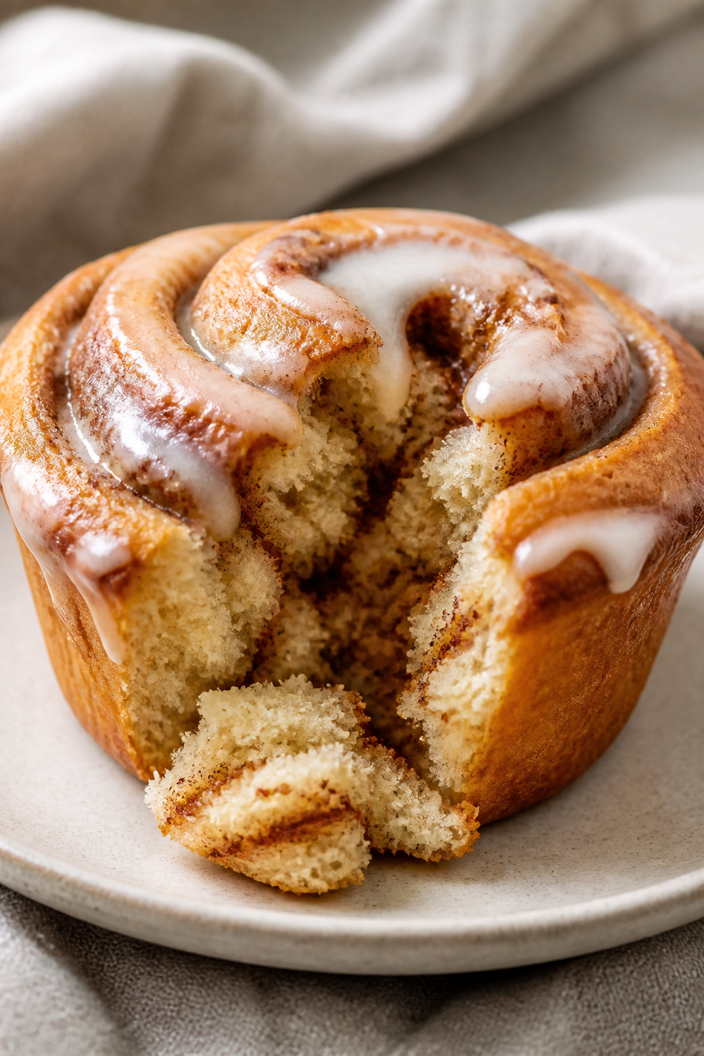 Close-up detail of a freshly baked high-protein cinnamon roll muffin torn open to reveal a tender, c