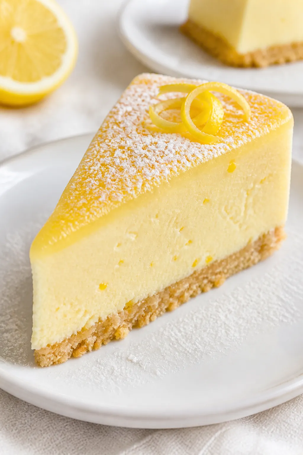 Close-up detail of a just-sliced lemon protein cheesecake wedge on the almond flour crust, showing s