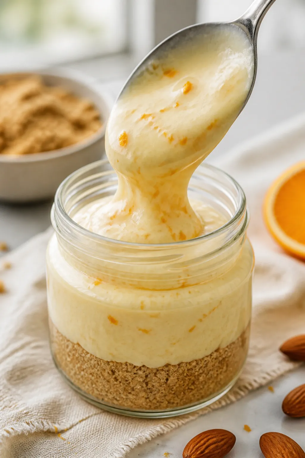 Close-up detail of a prepared orange creamsicle cheesecake cream being spooned into a small glass ja