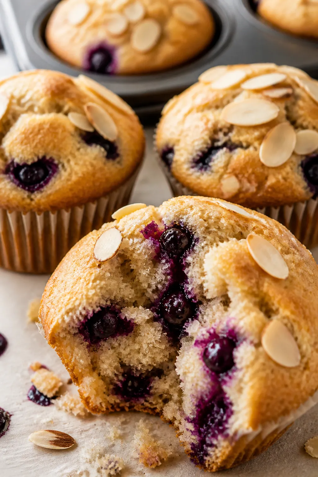 Close-up detail of freshly baked blueberry protein muffins just out of the oven, tops domed and spri