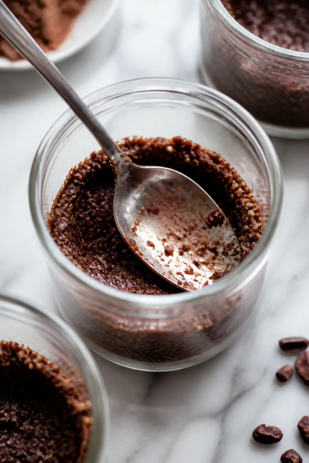 Close-up detail of the prepared chocolate “crust” layer being pressed into small clear glass jar