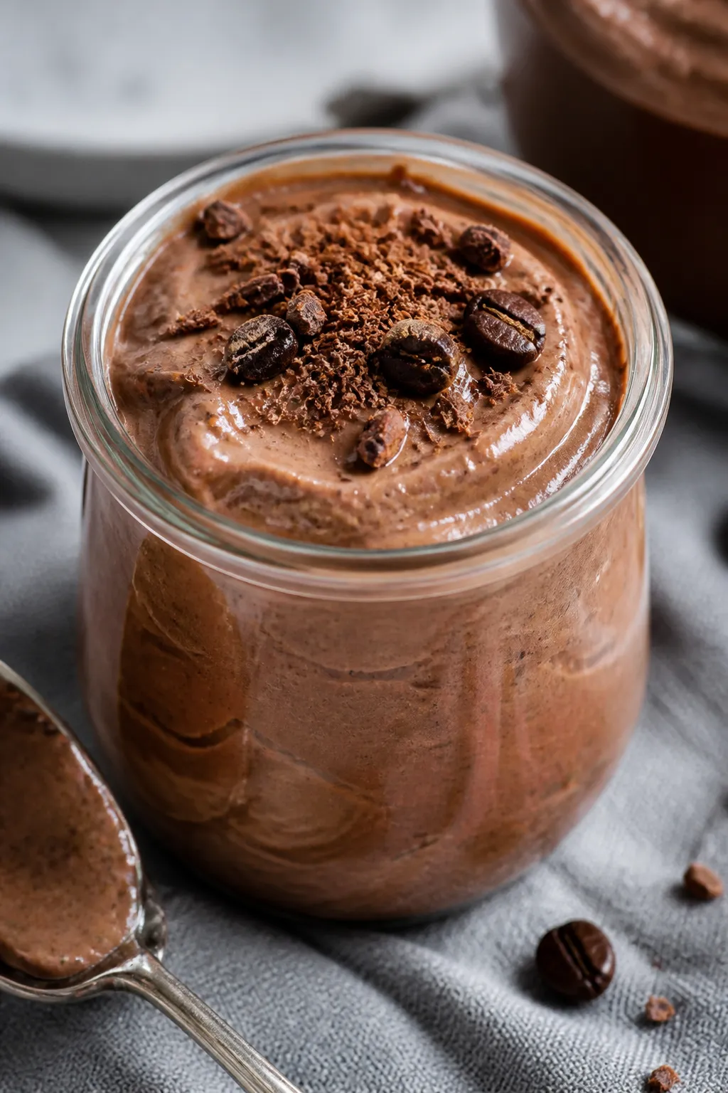 Close-up detail: Satin-smooth high protein mocha pudding just after chilling, swirled in a small gla